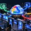 Ilustración de Google Cloud conectado con modelos de OpenAI y Gemini mediante redes de datos y sistemas de seguridad IA.