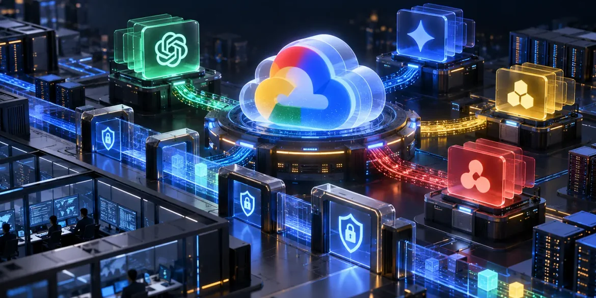 Ilustración de Google Cloud conectado con modelos de OpenAI y Gemini mediante redes de datos y sistemas de seguridad IA.