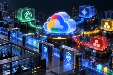 Ilustración de Google Cloud conectado con modelos de OpenAI y Gemini mediante redes de datos y sistemas de seguridad IA.