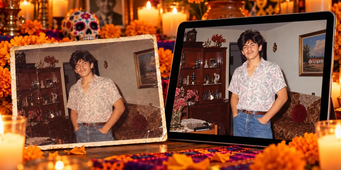 Comparación antes y después de restaurar una foto antigua con IA, sobre una ofrenda de Día de Muertos con velas y flor.