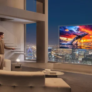 LG OLED evo W6 Wallpaper en sala de lujo con pantalla inalámbrica ultradelgada mostrando una ballena al atardecer en 4K.
